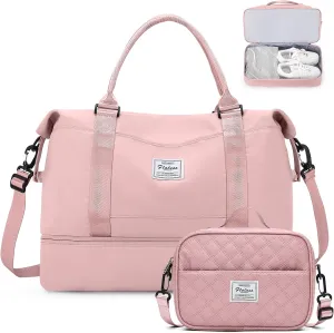 Weekender Bags for Women,Personal Item Travel Bag with Shoes Compartment,Large Overnight Travel Duffel Bag with Grid Toiletry Bag,Pink