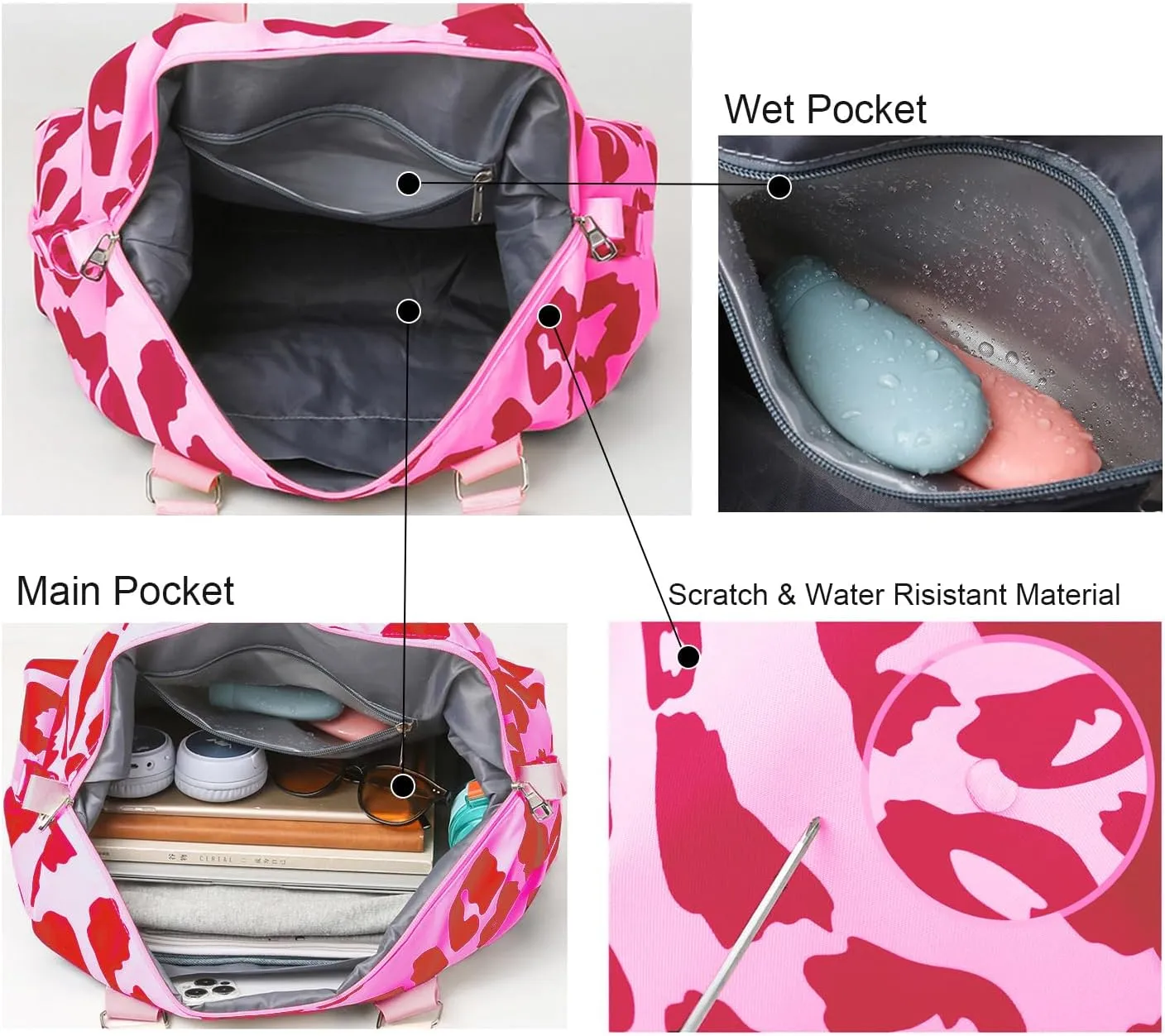Weekender Duffel Sport Gym Bag Overnight Travel duffle Bags with Wet Pocket-Cow Print Pink