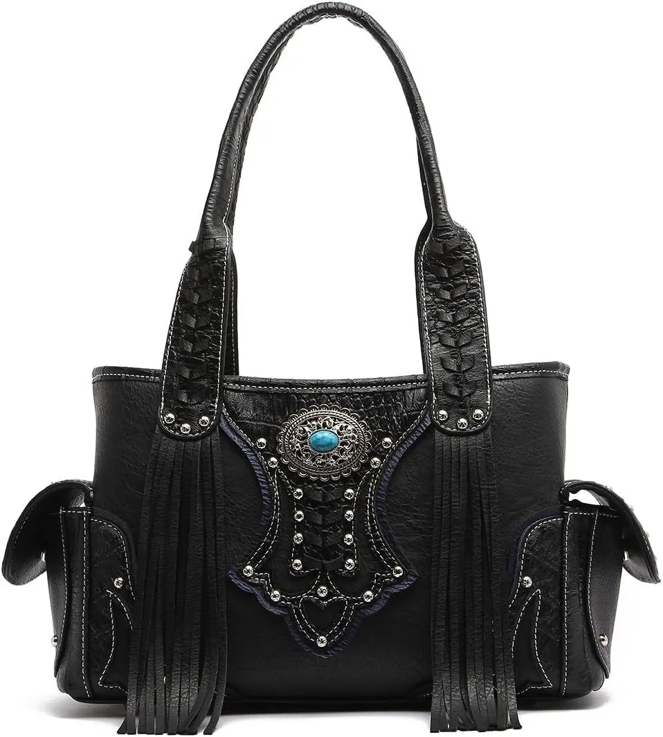 Western Style Cowgirl Woven Fringe Crocodile Gorgeous Purse Conchos Tote Country Women Handbag Shoulder Bags Wallet Set