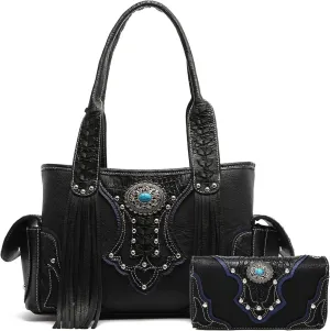 Western Style Cowgirl Woven Fringe Crocodile Gorgeous Purse Conchos Tote Country Women Handbag Shoulder Bags Wallet Set
