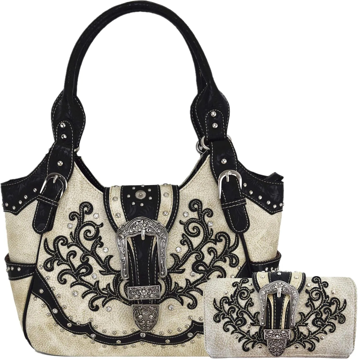 Western Style Tooled Leather Buckle Concealed Carry Purse Country Handbag Women Shoulder Bag Wallet Set