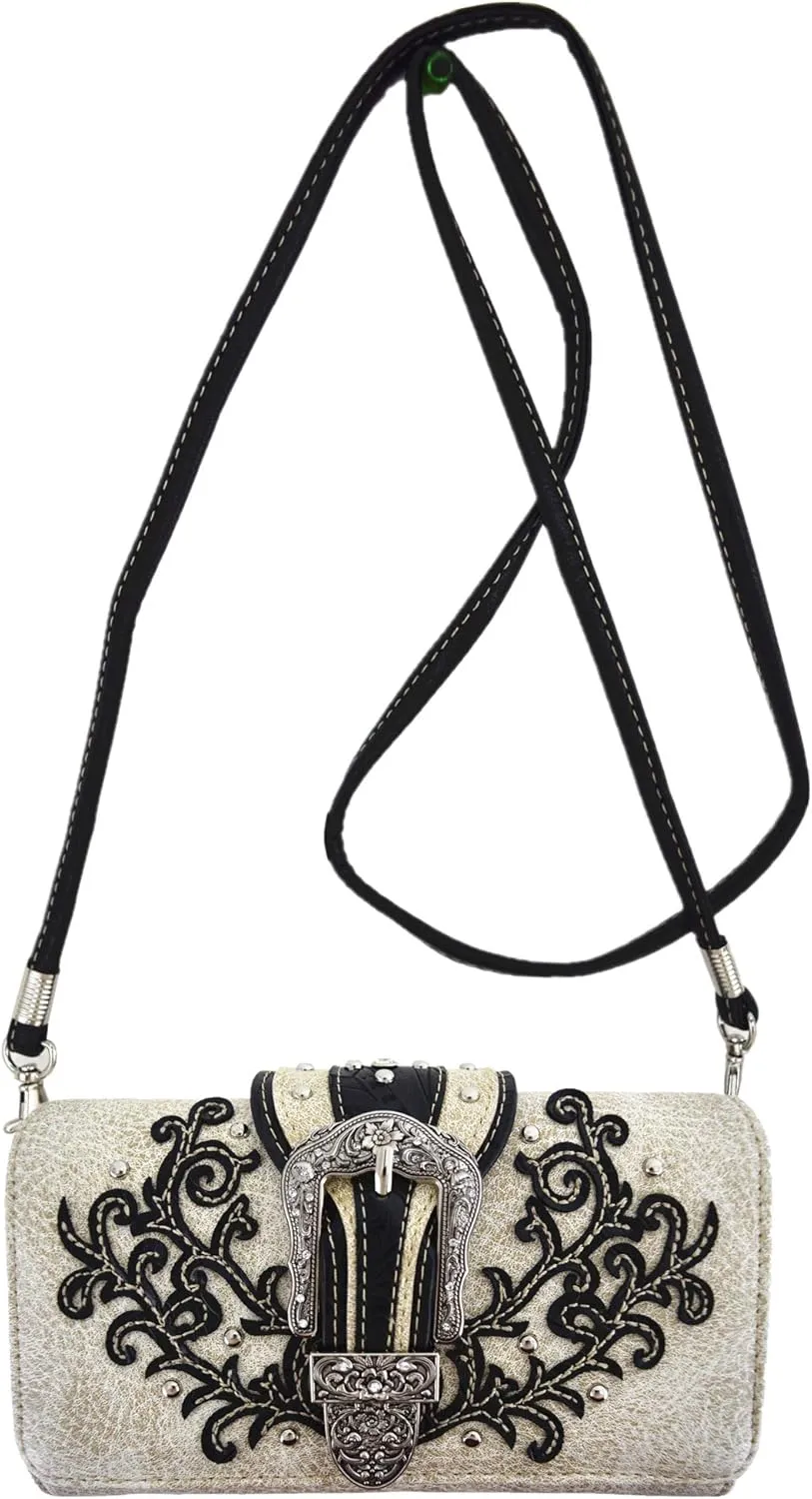 Western Style Tooled Leather Buckle Concealed Carry Purse Country Handbag Women Shoulder Bag Wallet Set