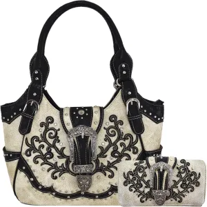 Western Style Tooled Leather Buckle Concealed Carry Purse Country Handbag Women Shoulder Bag Wallet Set