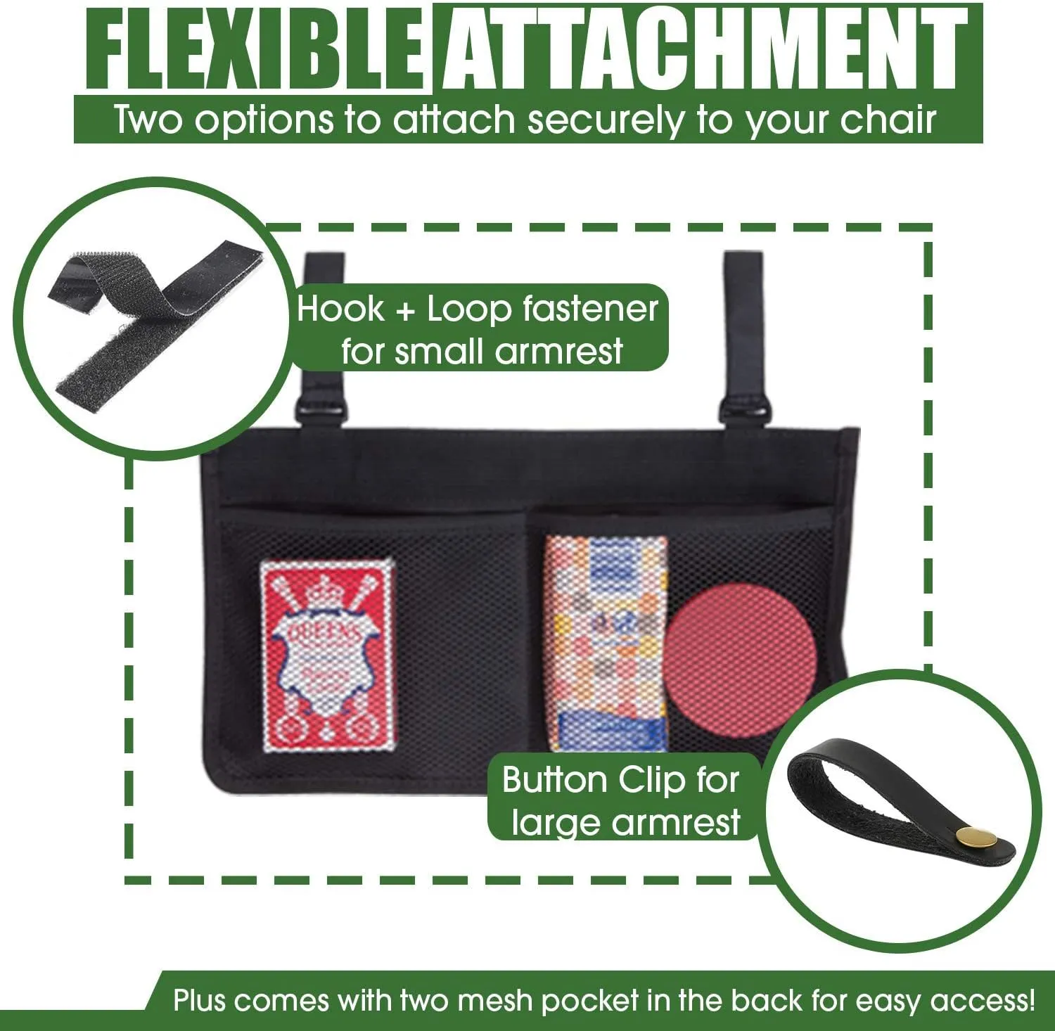 Wheelchair Side Bag - Arm Rest Pouch - Wheel Chair Accessories Organizers - Fits Walkers, Rollators, Scooters (Black)