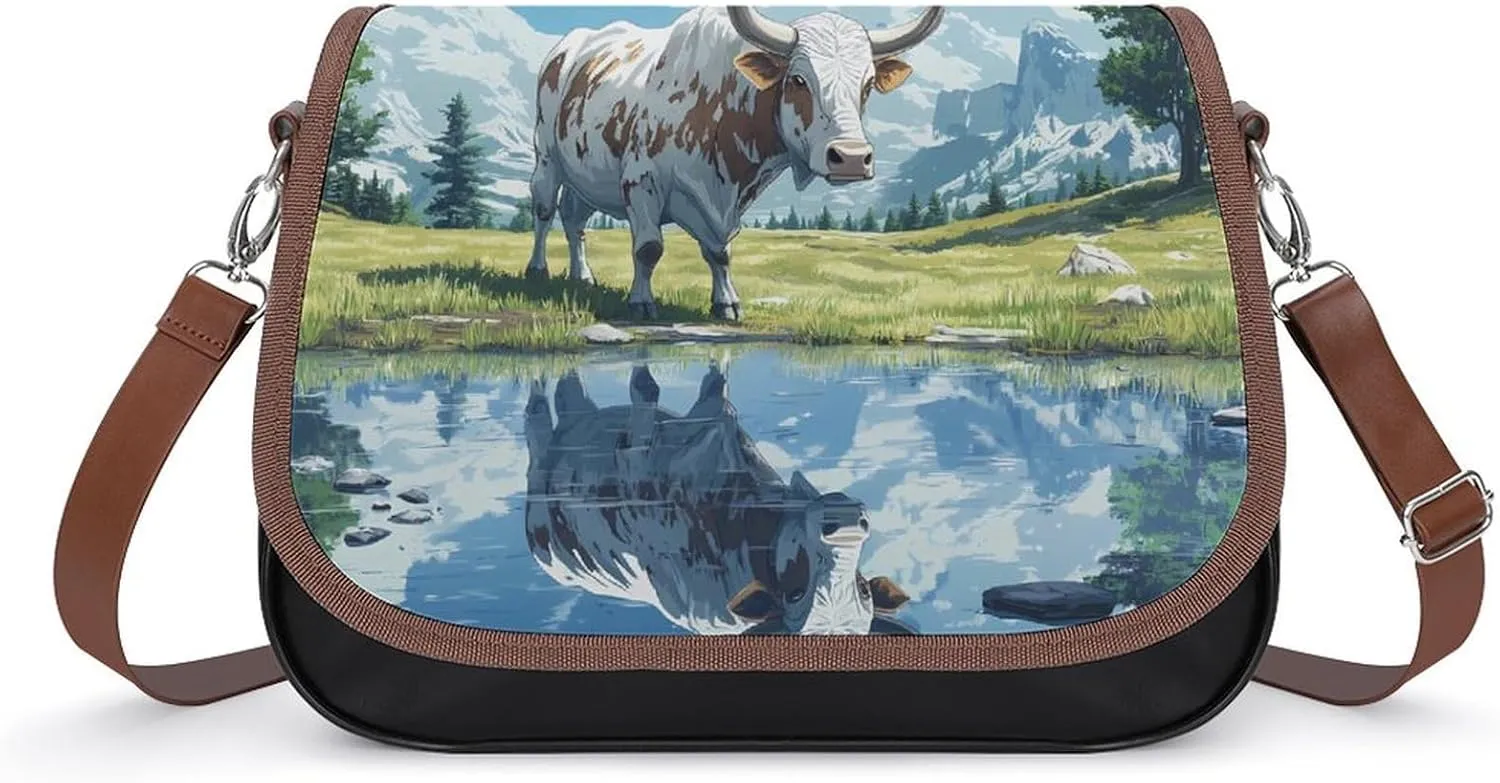 Wild Bull Cow White and Brown Cute Crossbody Purses for Women Leather Shoulder Bag Adjustable Shoulder Strap Handbag