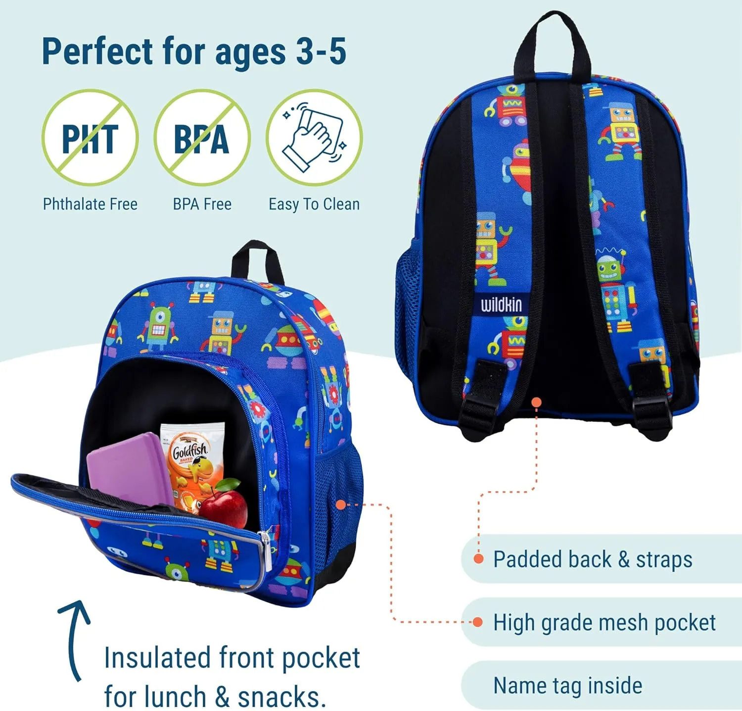 Wildkin 12-inch Kids Backpack – Padded, Adjustable, Ideal for Daycare & Travel - Robots