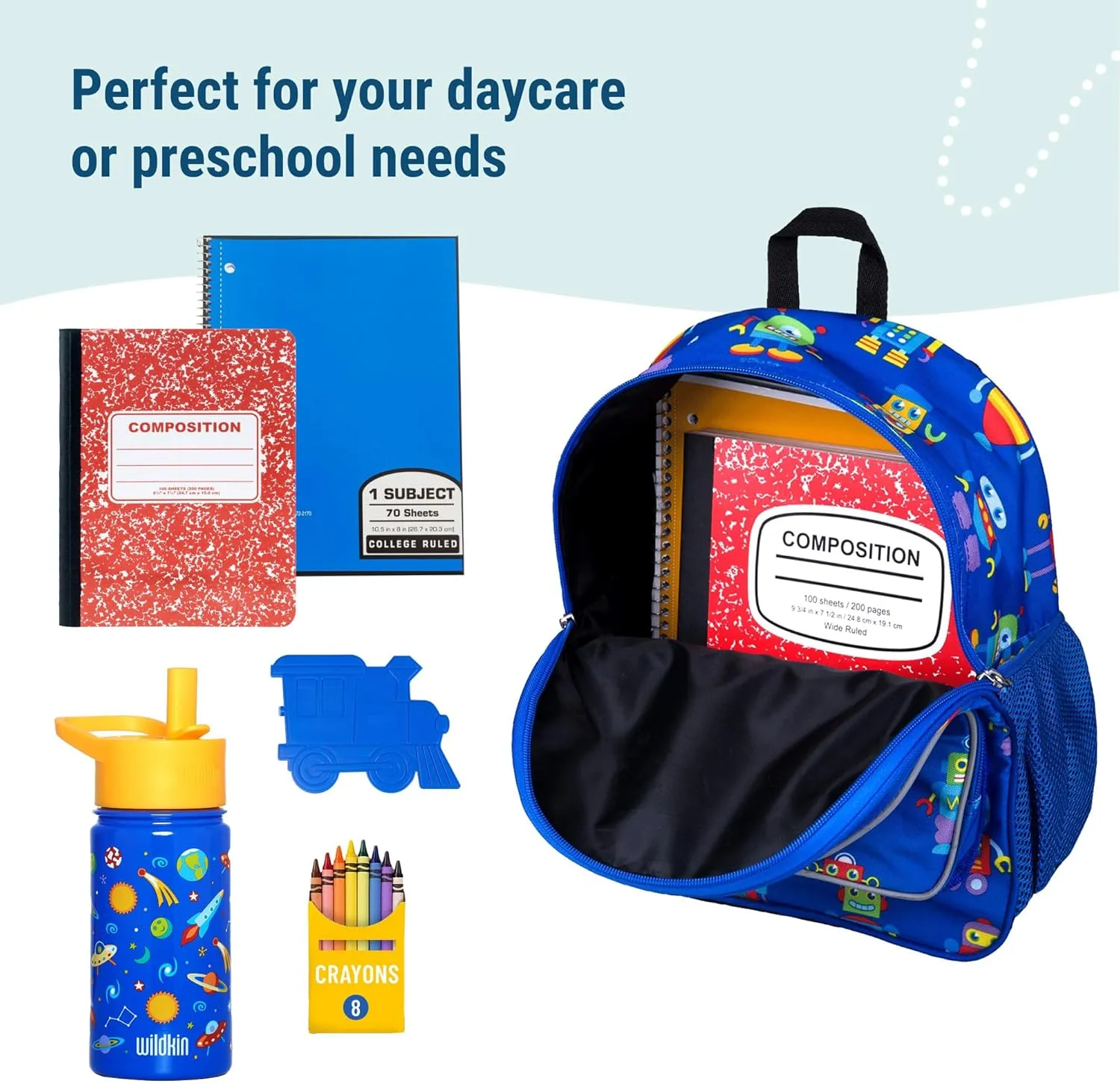 Wildkin 12-inch Kids Backpack – Padded, Adjustable, Ideal for Daycare & Travel - Robots