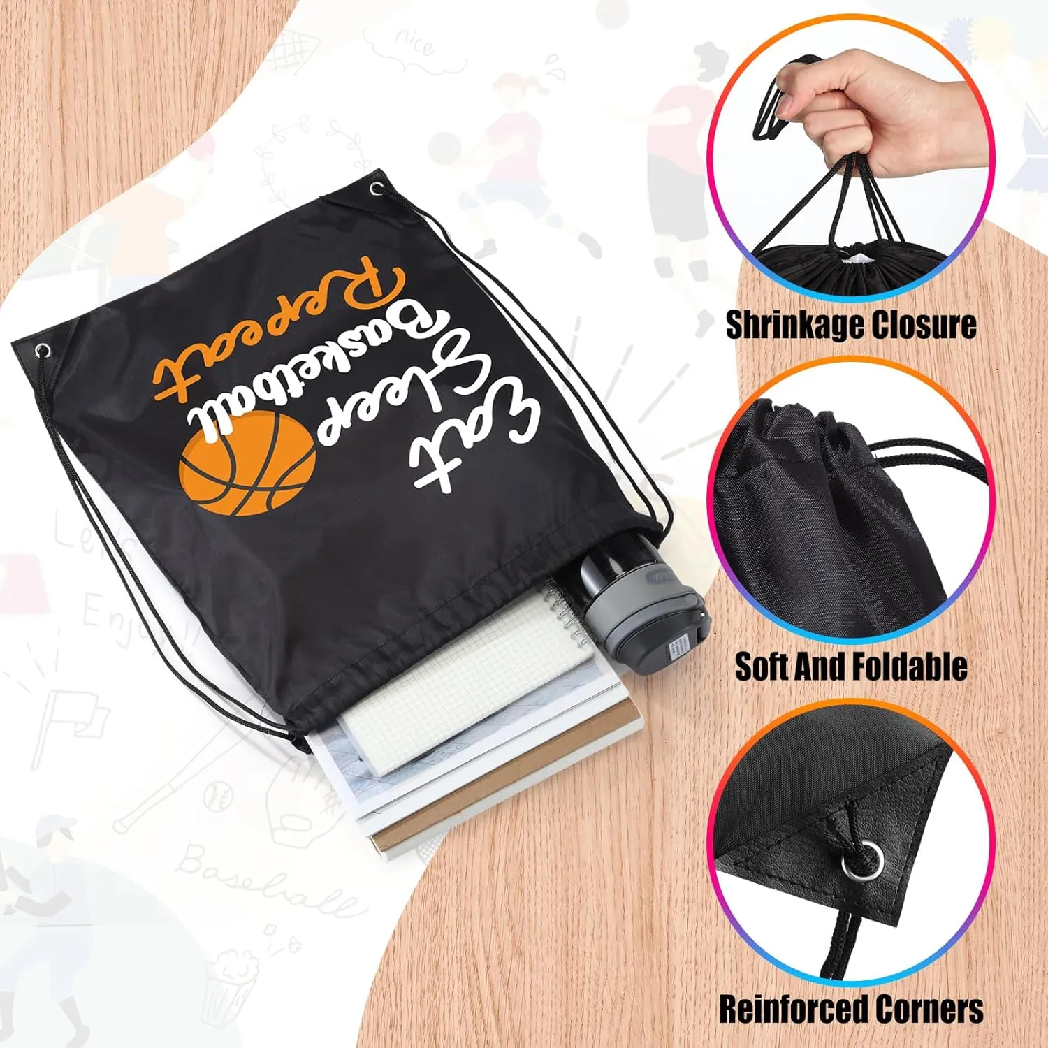 Windyun 16 Pcs Ball Drawstring Backpack Bulk Lightweight Draw String Bags Cinch Bags Drawstring Cinch Sack Tote(Basketball)