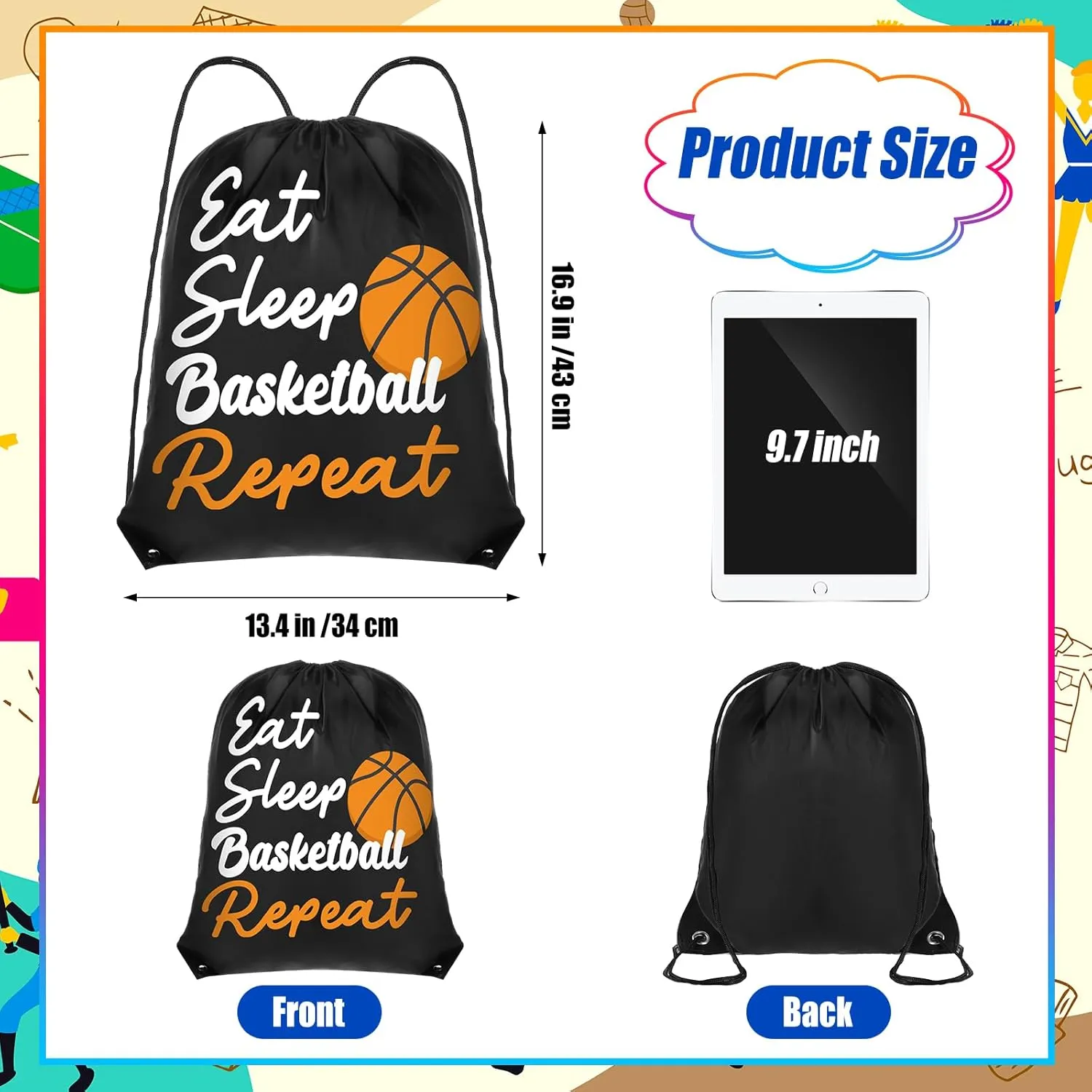 Windyun 16 Pcs Ball Drawstring Backpack Bulk Lightweight Draw String Bags Cinch Bags Drawstring Cinch Sack Tote(Basketball)