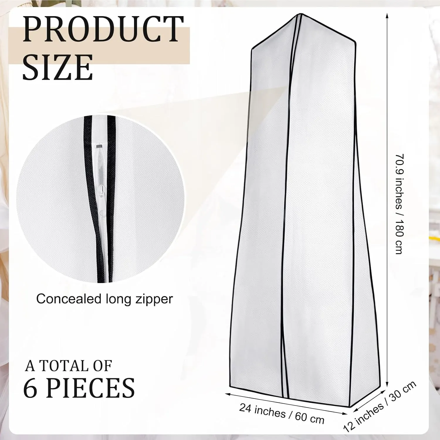 Woanger 6 Pcs 70.9" x 24" x 12" Bridal Wedding Gown Dress Garment Bag for Travel Large Garment Covers Hanging Foldable Non Woven Wedding Dress Bag for Storage Zipped Long Dress Cover (White)