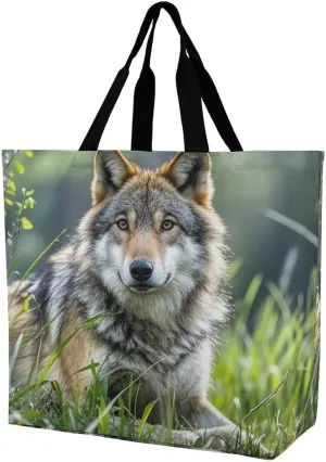 Wolf On The Grass Handbags Lightweight Travel Shoulder Bag Portable Cute Shopping Beach Market Bag for Men Women Hiking Yoga Gym Swimming Travel Holiday Gift