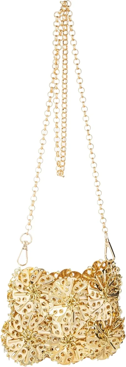 Women Hollow Out Metallic Disc Shoulderbag Metal Sequin Evening Bag for Party