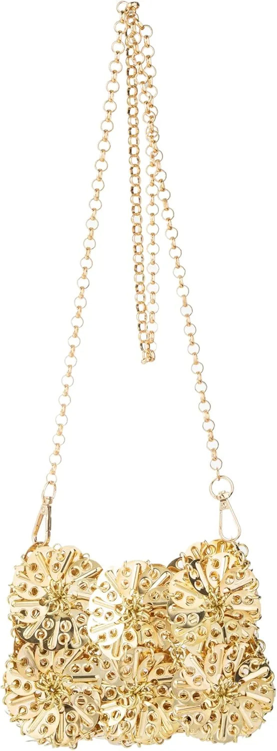 Women Hollow Out Metallic Disc Shoulderbag Metal Sequin Evening Bag for Party