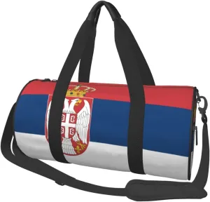 Women Men Wave Serbian Flag Round Duffel Weekender Bag Travel Bag