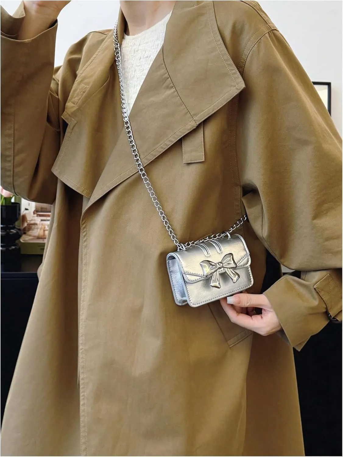 Women's Bow Knot Shoulder Bag Lightweight Handbag Squared Cross Body Bags Cute Purses