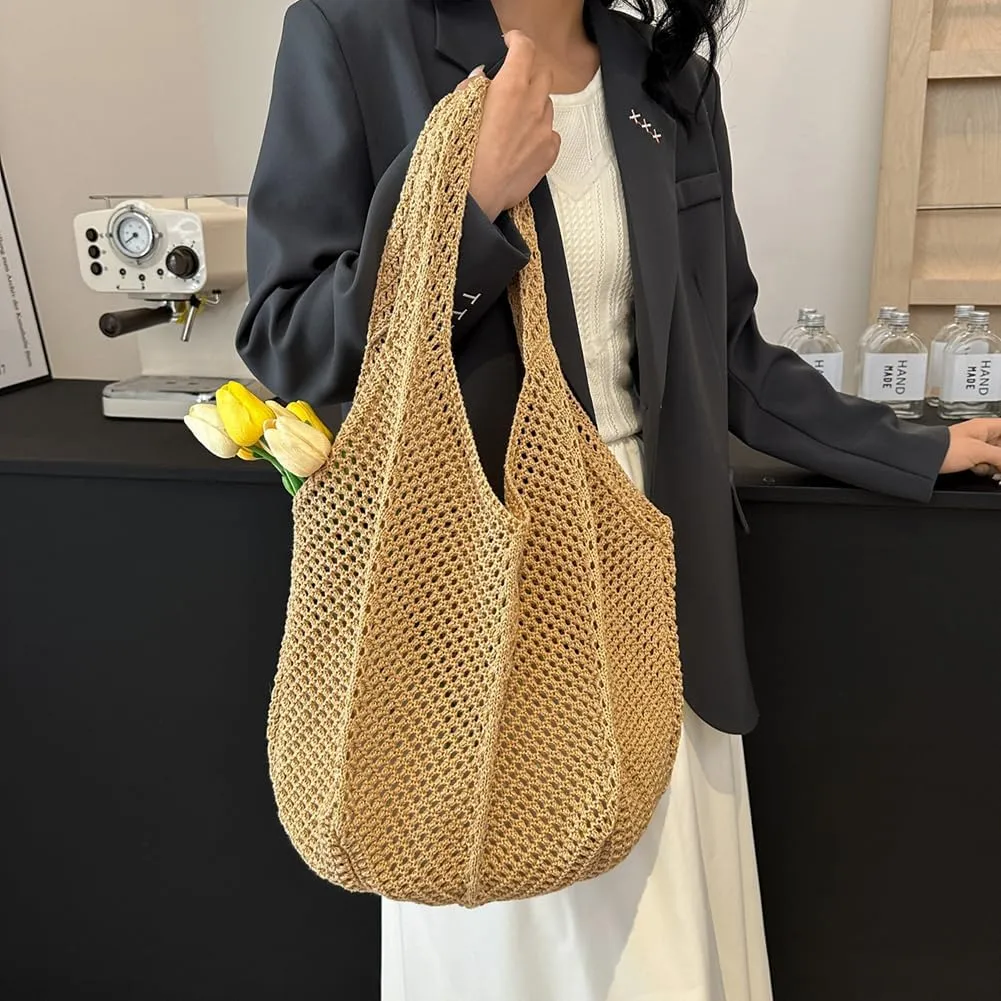 Women's Crochet Tote Large Aesthetic Shoulder Bag Tote Crochet Mesh Beach Tote Y2k Knitted Hobo Bag Money