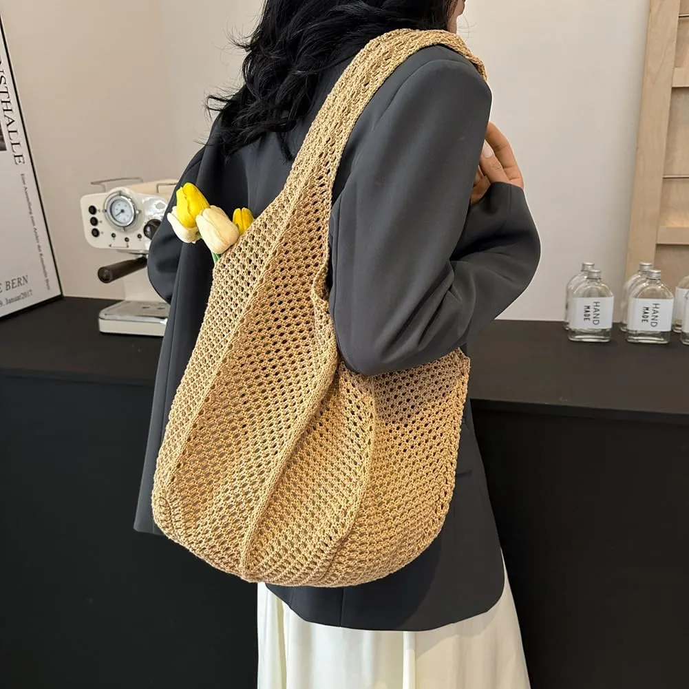 Women's Crochet Tote Large Aesthetic Shoulder Bag Tote Crochet Mesh Beach Tote Y2k Knitted Hobo Bag Money