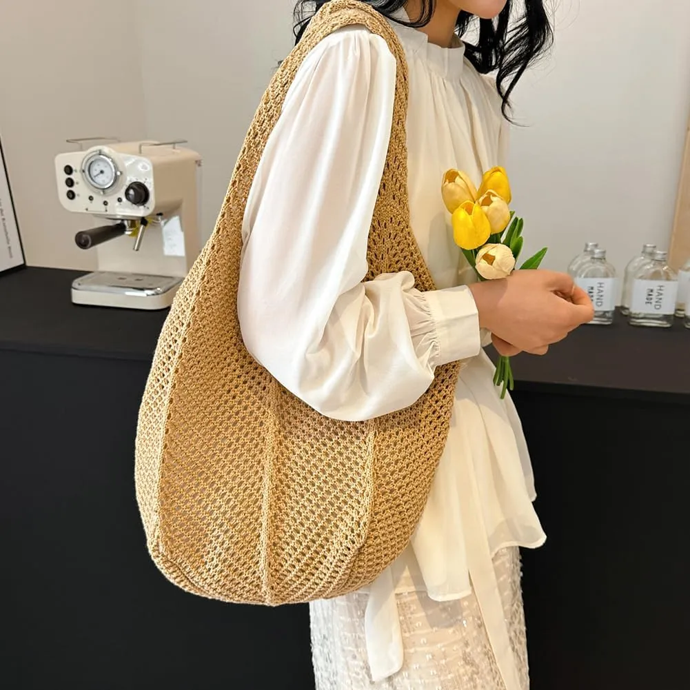 Women's Crochet Tote Large Aesthetic Shoulder Bag Tote Crochet Mesh Beach Tote Y2k Knitted Hobo Bag Money