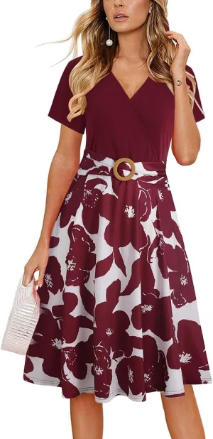Women's Elegant Criss-Cross V Neck Vintage Short Sleeve Work Casual Fit and Flare Tea Dress with Pockets 980