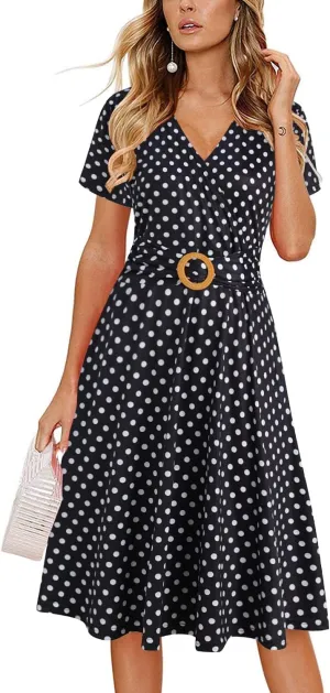 Women's Elegant Criss-Cross V Neck Vintage Short Sleeve Work Casual Fit and Flare Tea Dress with Pockets 980