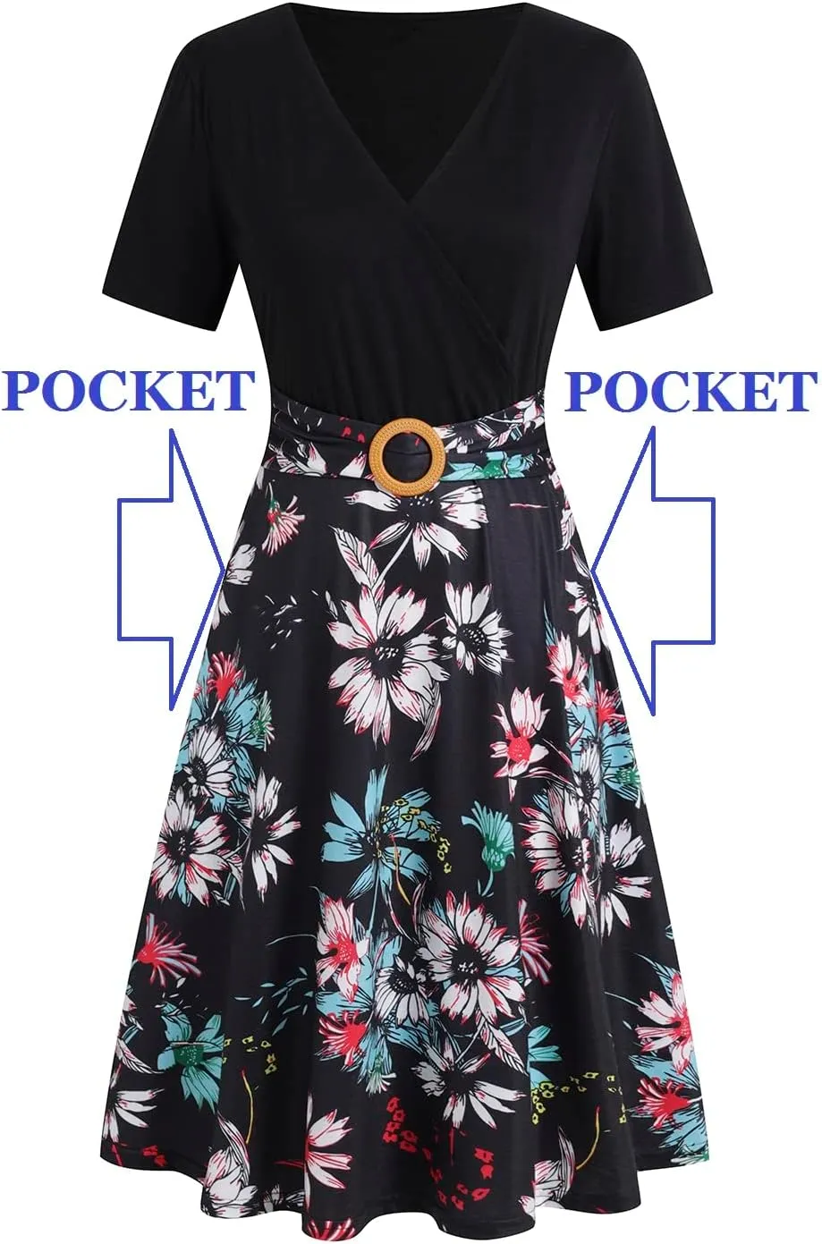 Women's Elegant Criss-Cross V Neck Vintage Short Sleeve Work Casual Fit and Flare Tea Dress with Pockets 980