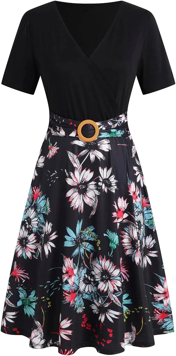 Women's Elegant Criss-Cross V Neck Vintage Short Sleeve Work Casual Fit and Flare Tea Dress with Pockets 980