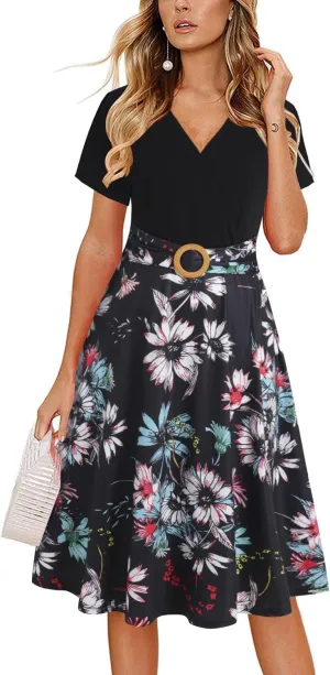 Women's Elegant Criss-Cross V Neck Vintage Short Sleeve Work Casual Fit and Flare Tea Dress with Pockets 980