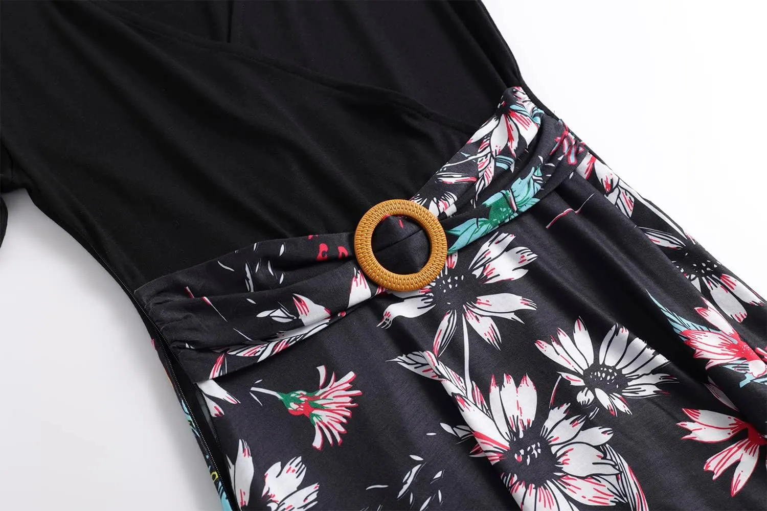 Women's Elegant Criss-Cross V Neck Vintage Short Sleeve Work Casual Fit and Flare Tea Dress with Pockets 980