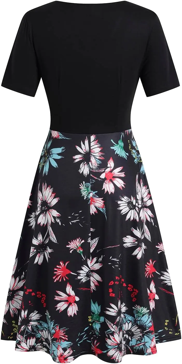 Women's Elegant Criss-Cross V Neck Vintage Short Sleeve Work Casual Fit and Flare Tea Dress with Pockets 980