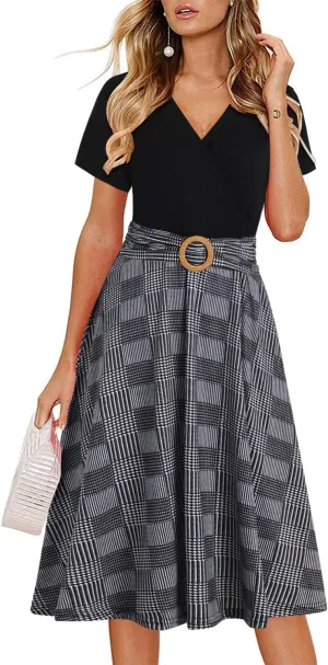 Women's Elegant Criss-Cross V Neck Vintage Short Sleeve Work Casual Fit and Flare Tea Dress with Pockets 980