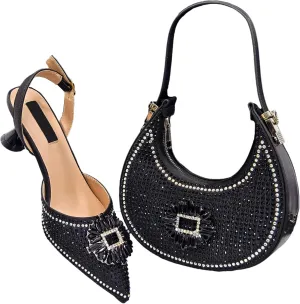 Womens Elegant Rhinestone Pattern Evening Shoes and Purse Combo Pointed Toe High Heels for Bridal Party
