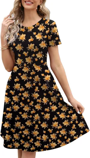 Women's Elegant Vintage 50s Office Casual Floral Print Work Party A-Line Swing Dress with Pockets 162