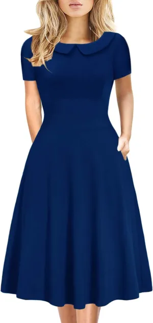 Women's Elegant Vintage Cotton Casual Floral Print Work Party Peter Pan Collar A-Line Dress with Pockets 978