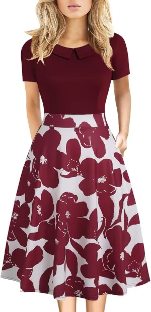 Women's Elegant Vintage Cotton Casual Floral Print Work Party Peter Pan Collar A-Line Dress with Pockets 978