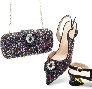 Womens Italian Designer Inspired Evening Shoes and Shoulder Bag Set Rhinestone Decorated High Heels for Formal