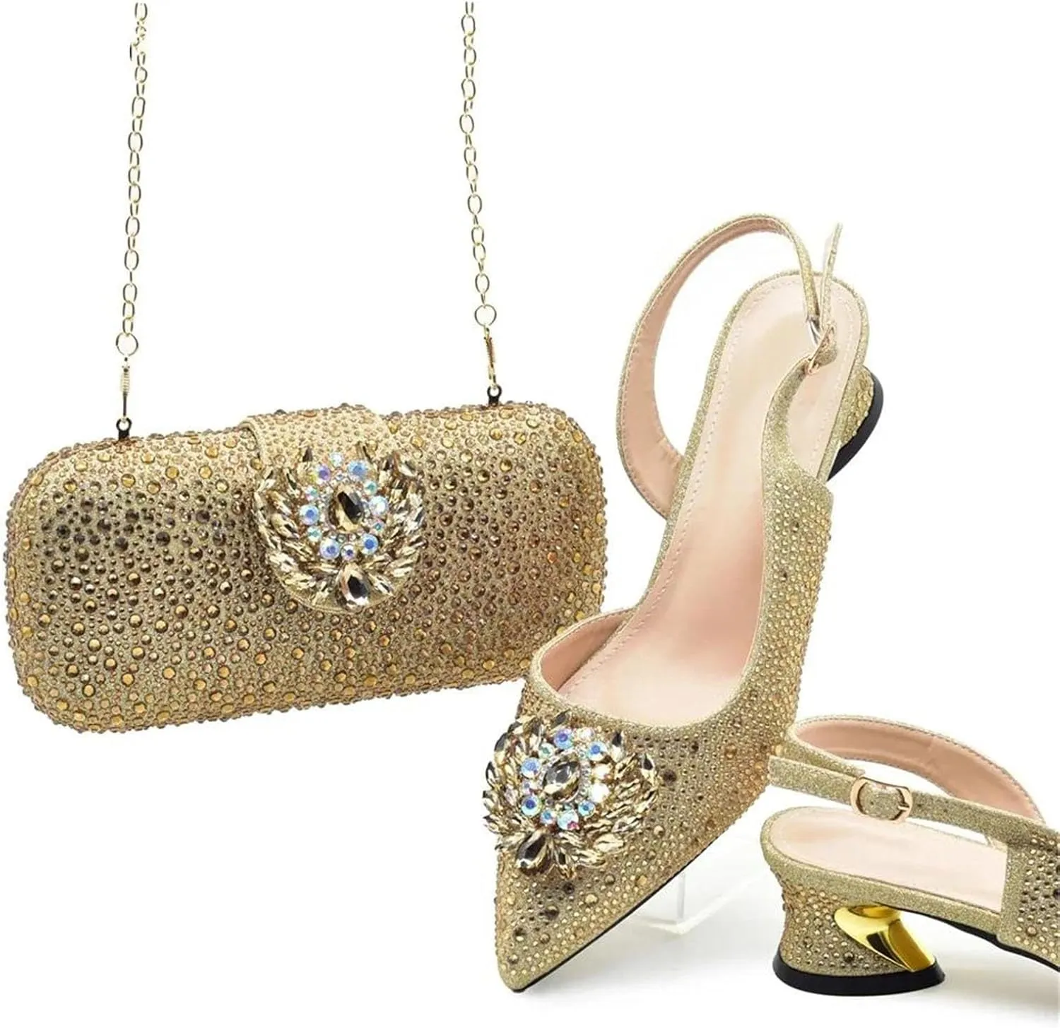 Womens Italian Designer Inspired Evening Shoes and Shoulder Bag Set Rhinestone Decorated High Heels for Formal