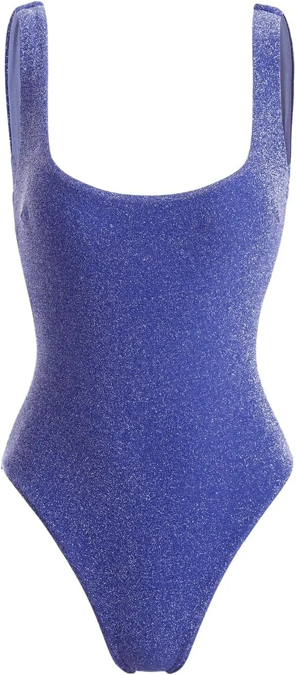Women's Lurex One Piece Swimsuit Square Neck Tummy Control Backless Bathing Suits