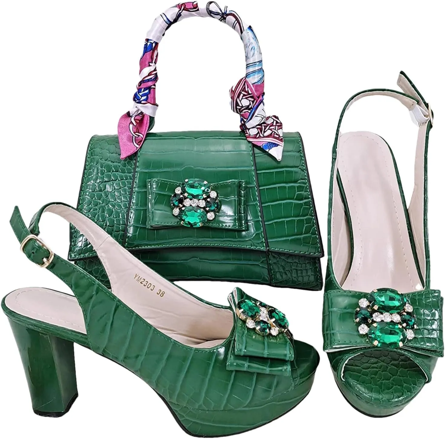 Women’s Nigerian Inspired Designer Evening Shoes and Clutch Combo Rhinestone Pattern High Heels for Bridal Party