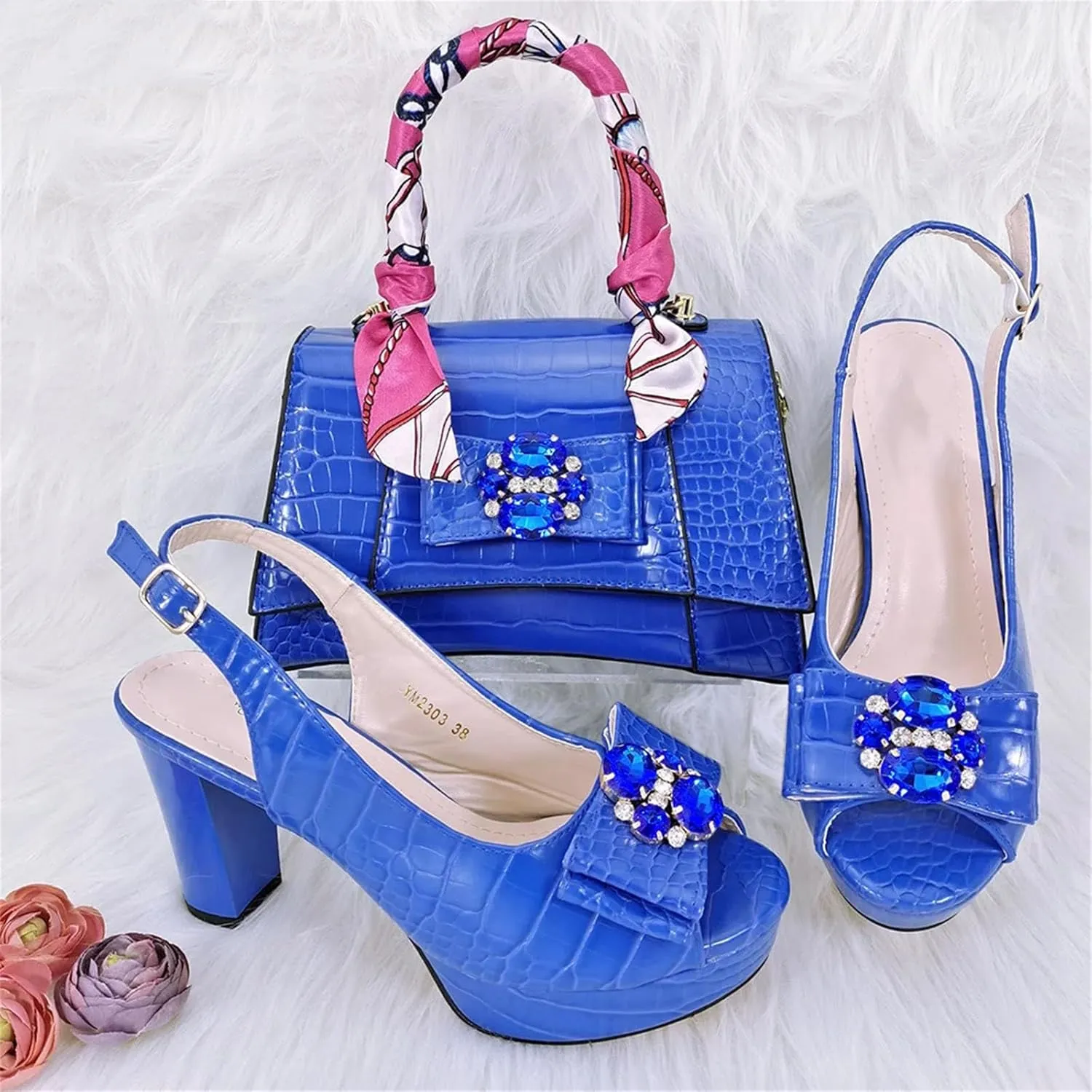 Women’s Nigerian Inspired Designer Evening Shoes and Clutch Combo Rhinestone Pattern High Heels for Bridal Party