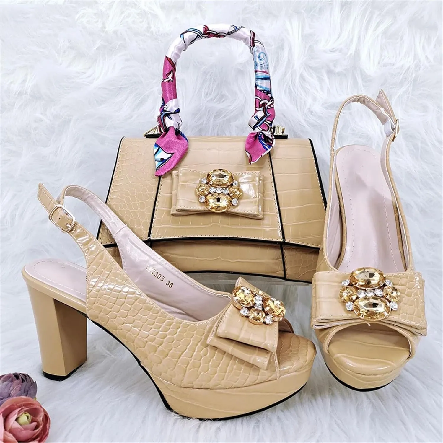 Women’s Nigerian Inspired Designer Evening Shoes and Clutch Combo Rhinestone Pattern High Heels for Bridal Party