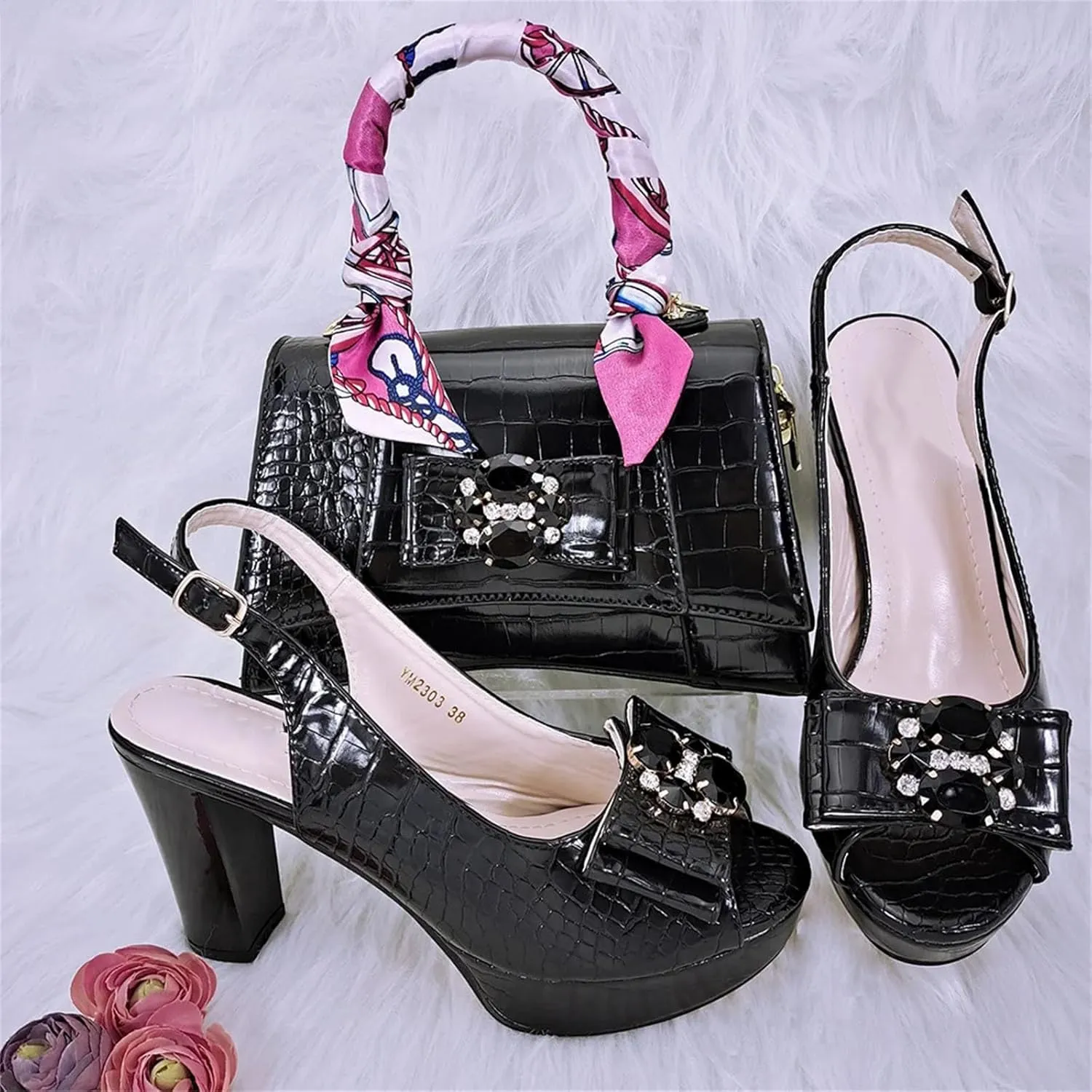 Women’s Nigerian Inspired Designer Evening Shoes and Clutch Combo Rhinestone Pattern High Heels for Bridal Party