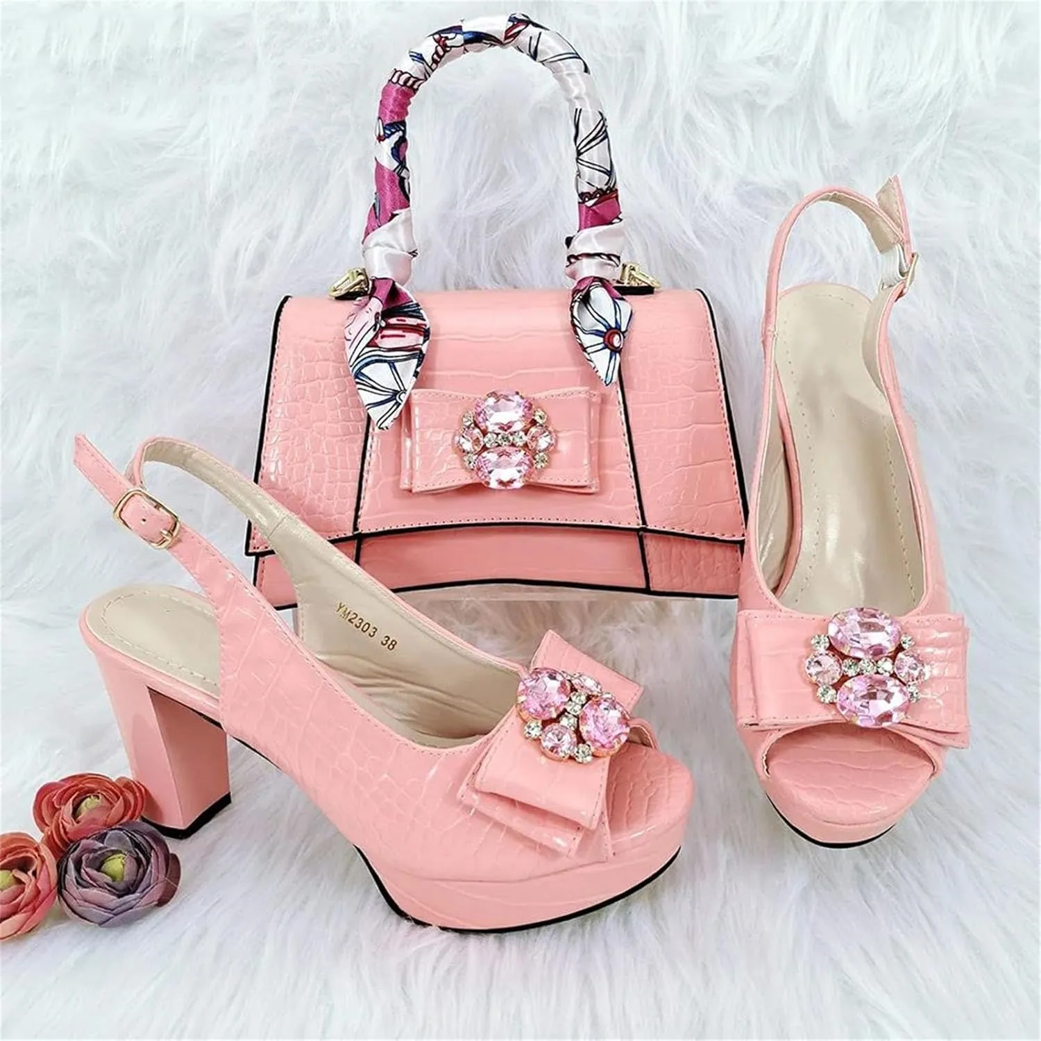 Women’s Nigerian Inspired Designer Evening Shoes and Clutch Combo Rhinestone Pattern High Heels for Bridal Party