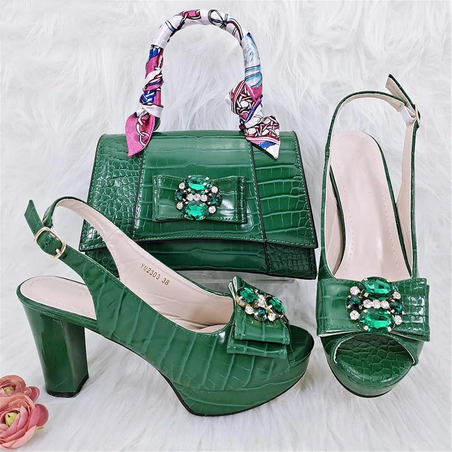 Women’s Nigerian Inspired Designer Evening Shoes and Clutch Combo Rhinestone Pattern High Heels for Bridal Party