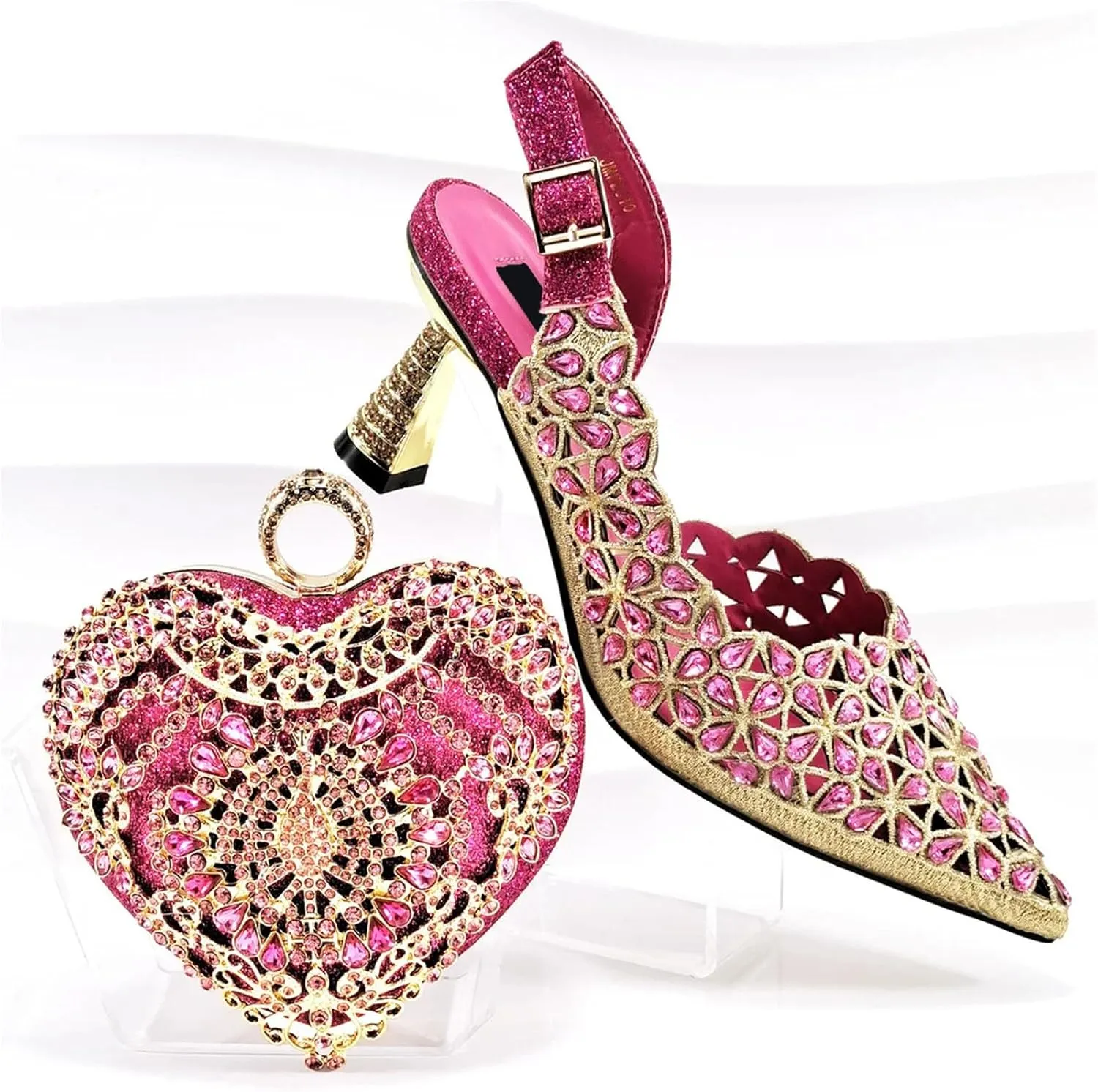Women’s Rhinestone Pattern Wedding Shoes and Matching Purse Set Pointed Toe Comfortable Heels for Bridal Party
