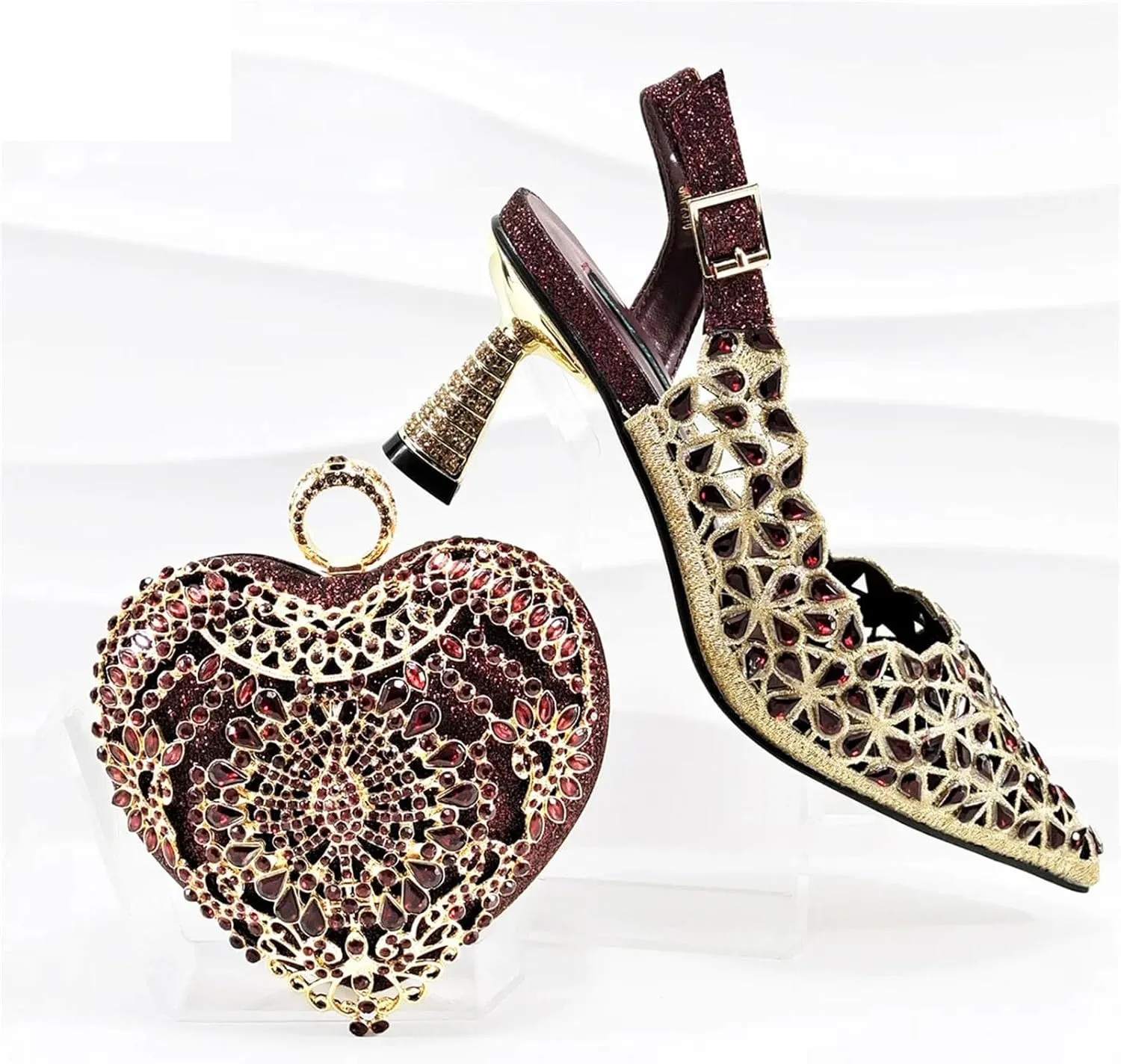 Women’s Rhinestone Pattern Wedding Shoes and Matching Purse Set Pointed Toe Comfortable Heels for Bridal Party