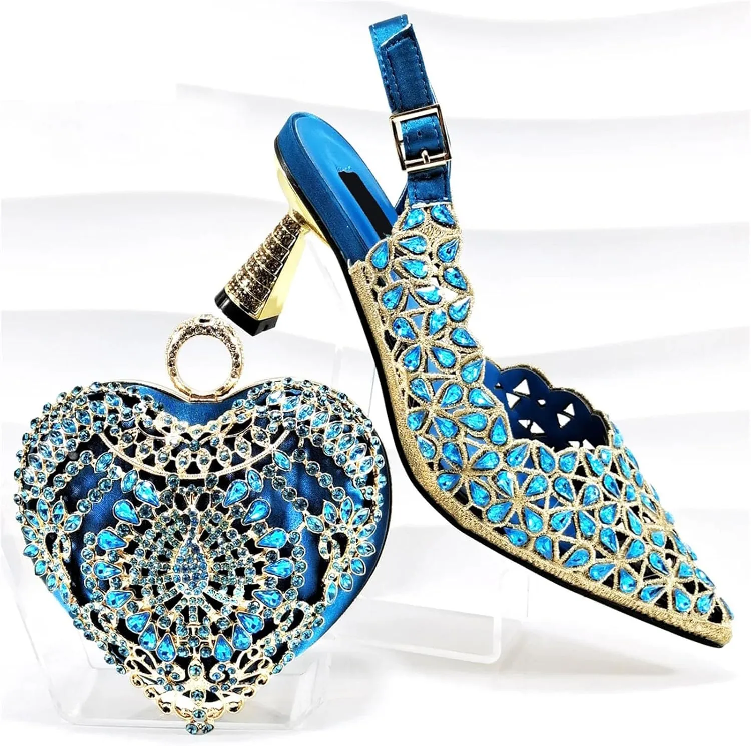 Women’s Rhinestone Pattern Wedding Shoes and Matching Purse Set Pointed Toe Comfortable Heels for Bridal Party