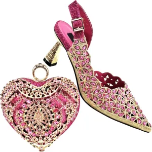 Women’s Rhinestone Pattern Wedding Shoes and Matching Purse Set Pointed Toe Comfortable Heels for Bridal Party