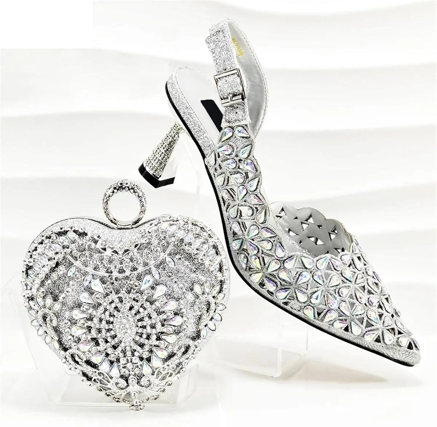 Women’s Rhinestone Pattern Wedding Shoes and Matching Purse Set Pointed Toe Comfortable Heels for Bridal Party