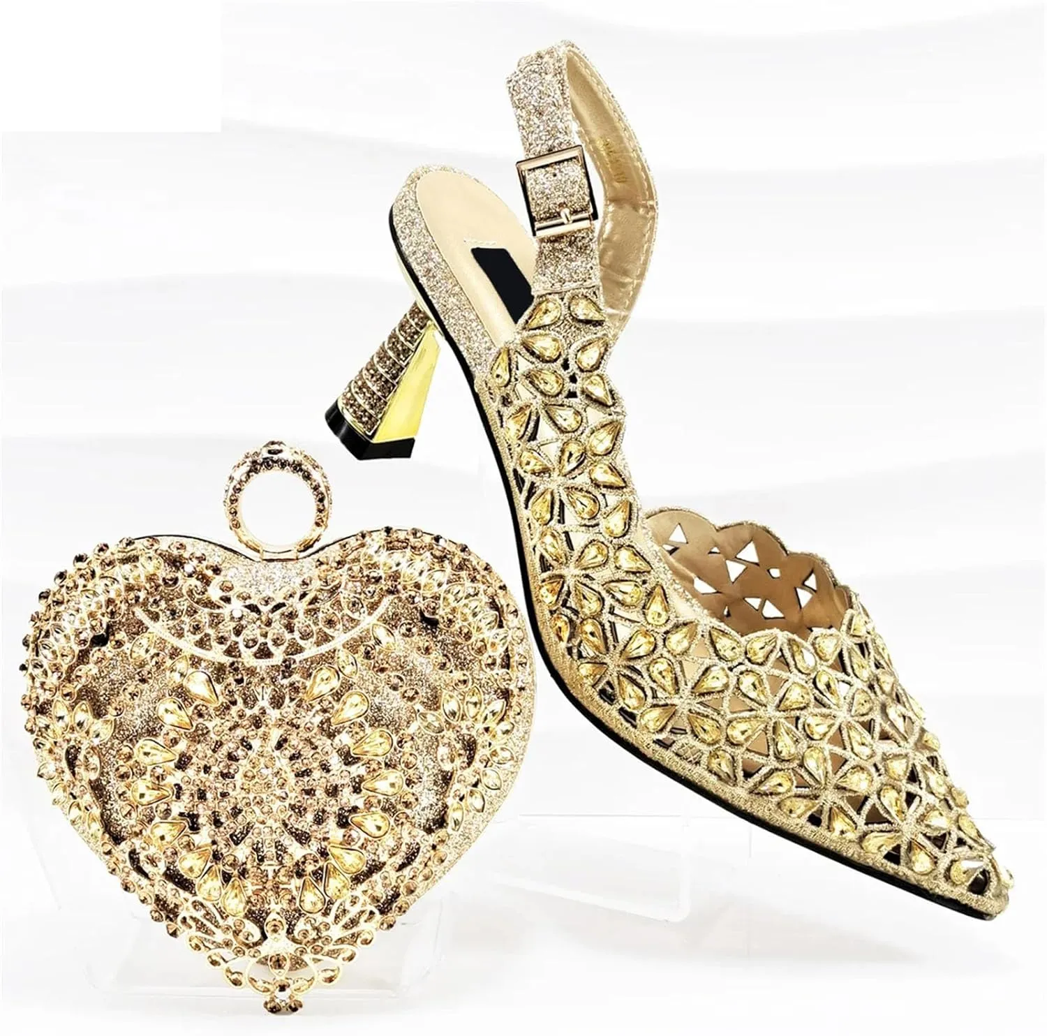 Women’s Rhinestone Pattern Wedding Shoes and Matching Purse Set Pointed Toe Comfortable Heels for Bridal Party