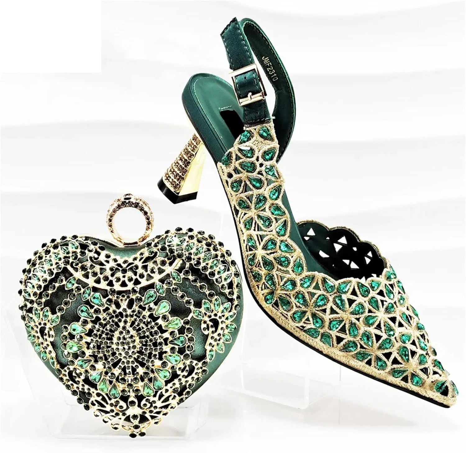 Women’s Rhinestone Pattern Wedding Shoes and Matching Purse Set Pointed Toe Comfortable Heels for Bridal Party